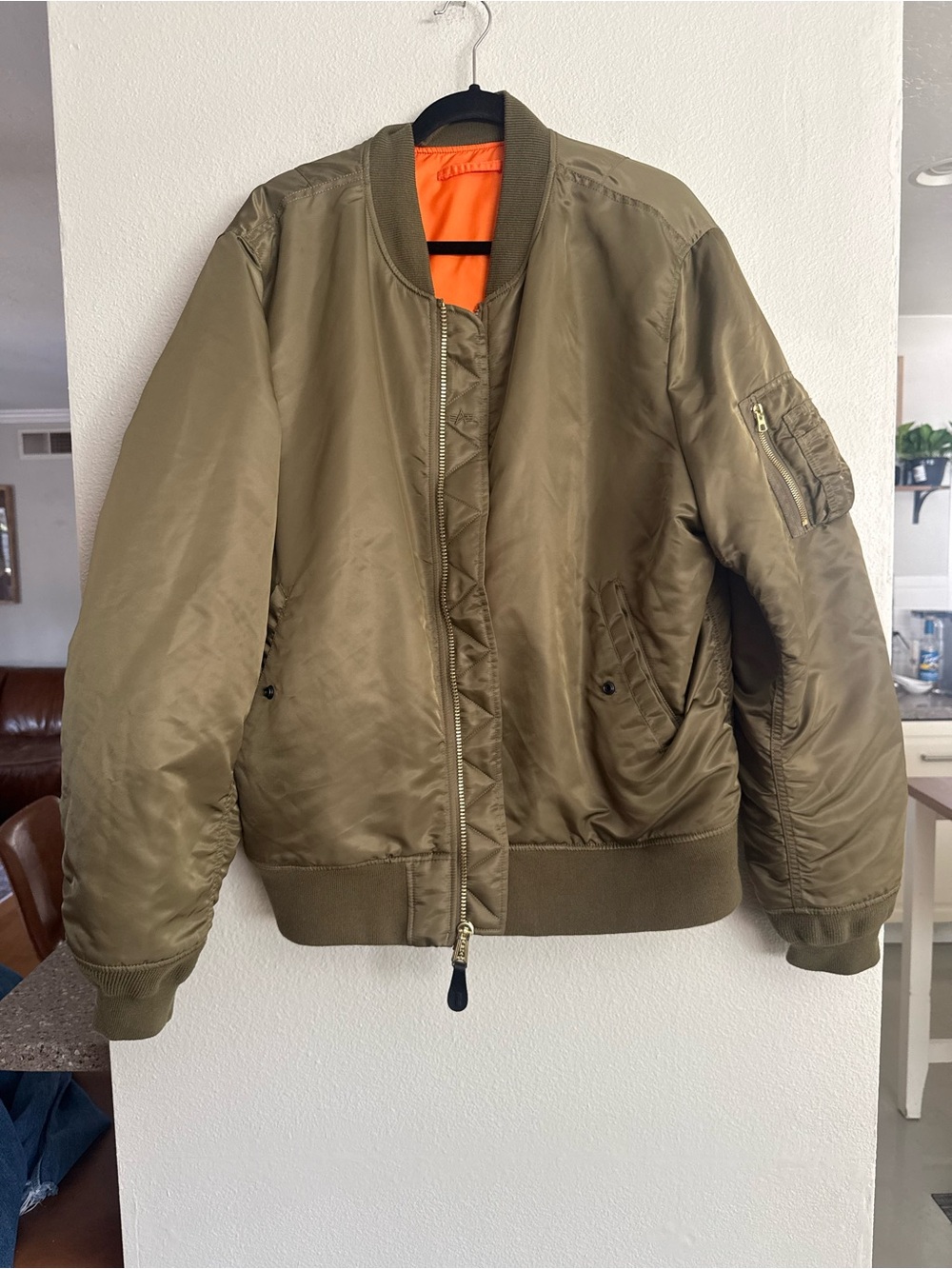 Alpha Industries Olive Green Bomber Flight Jacket with Orange Lining 2XL